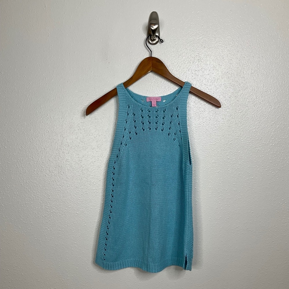 Lilly Pulitzer Womens Blue Pointelle Knit Sleeveless Tank Top Sweater Size S